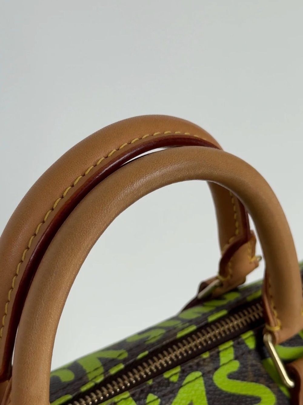 Louis Vuitton Brown Satchel with Neon Green Graffiti and Tan Handles - Picture 6 of 8